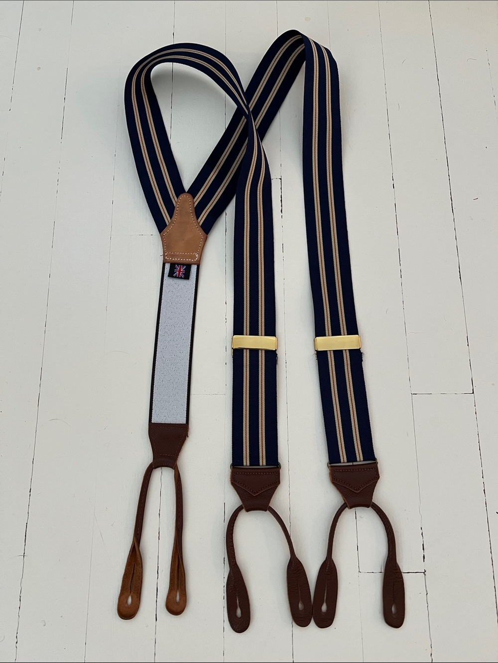 Albert Thurston Navy/Beige/Red Brown Leather Trim Suspenders